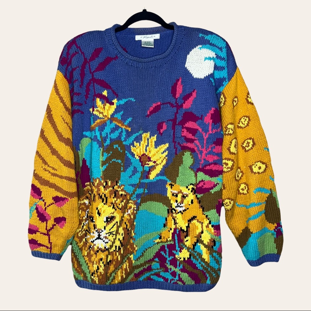 Vintage Hand knit Keepsake Lion Animal Print Scenic Colorful Crew Sweater. M